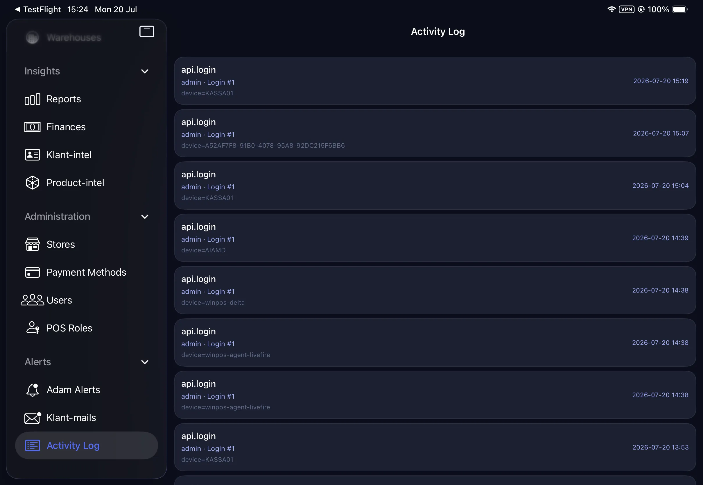 An activity log of logins across devices with timestamps.