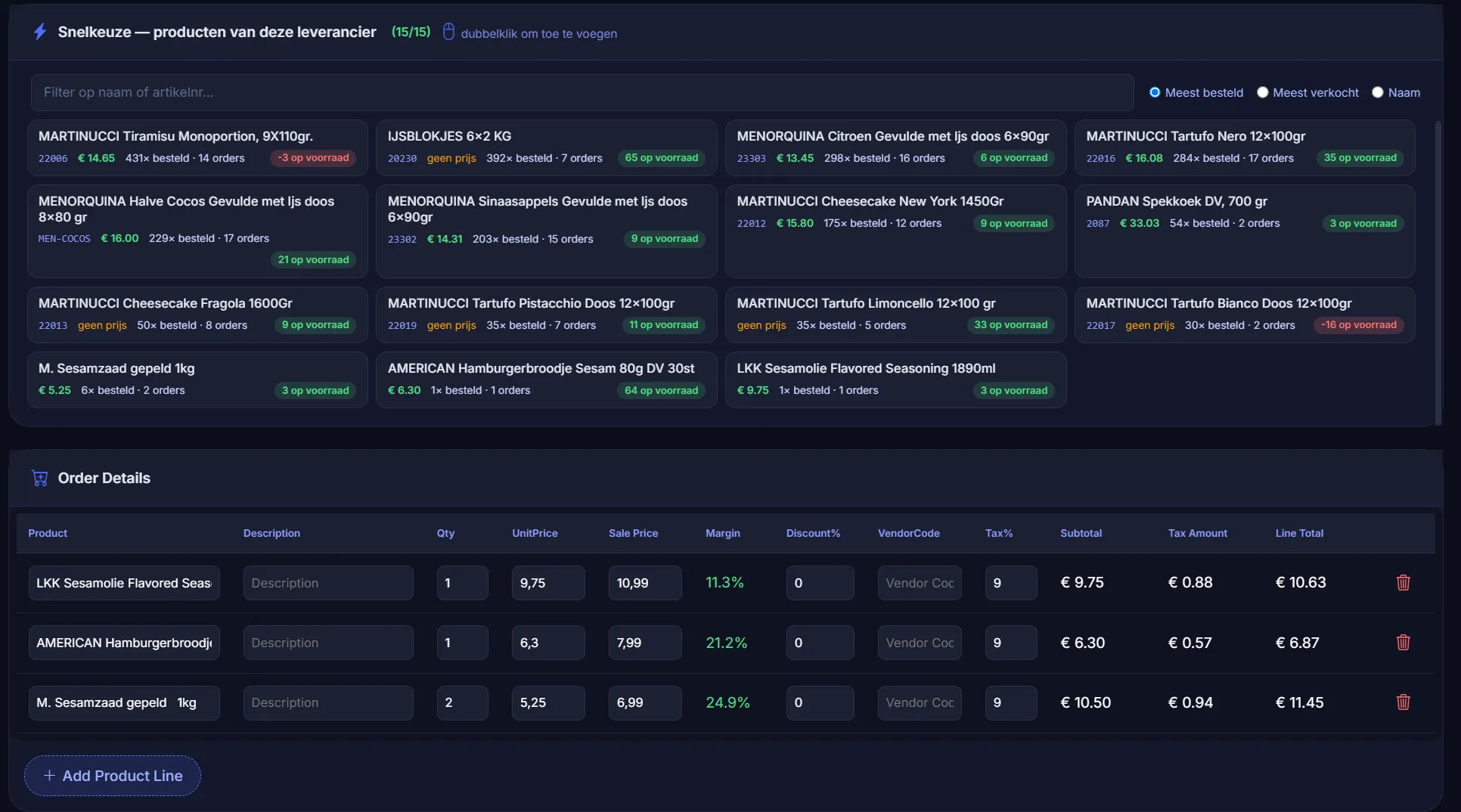 An AI-drafted purchase order with live stock, margins and supplier prices.