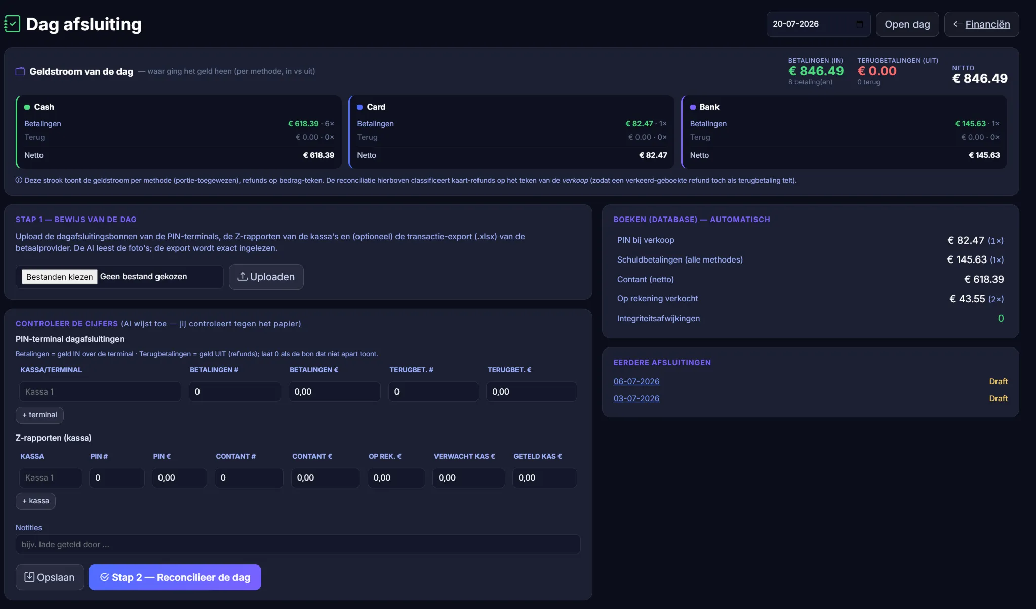 The day-closure screen: money-flow per method and AI-read receipts.