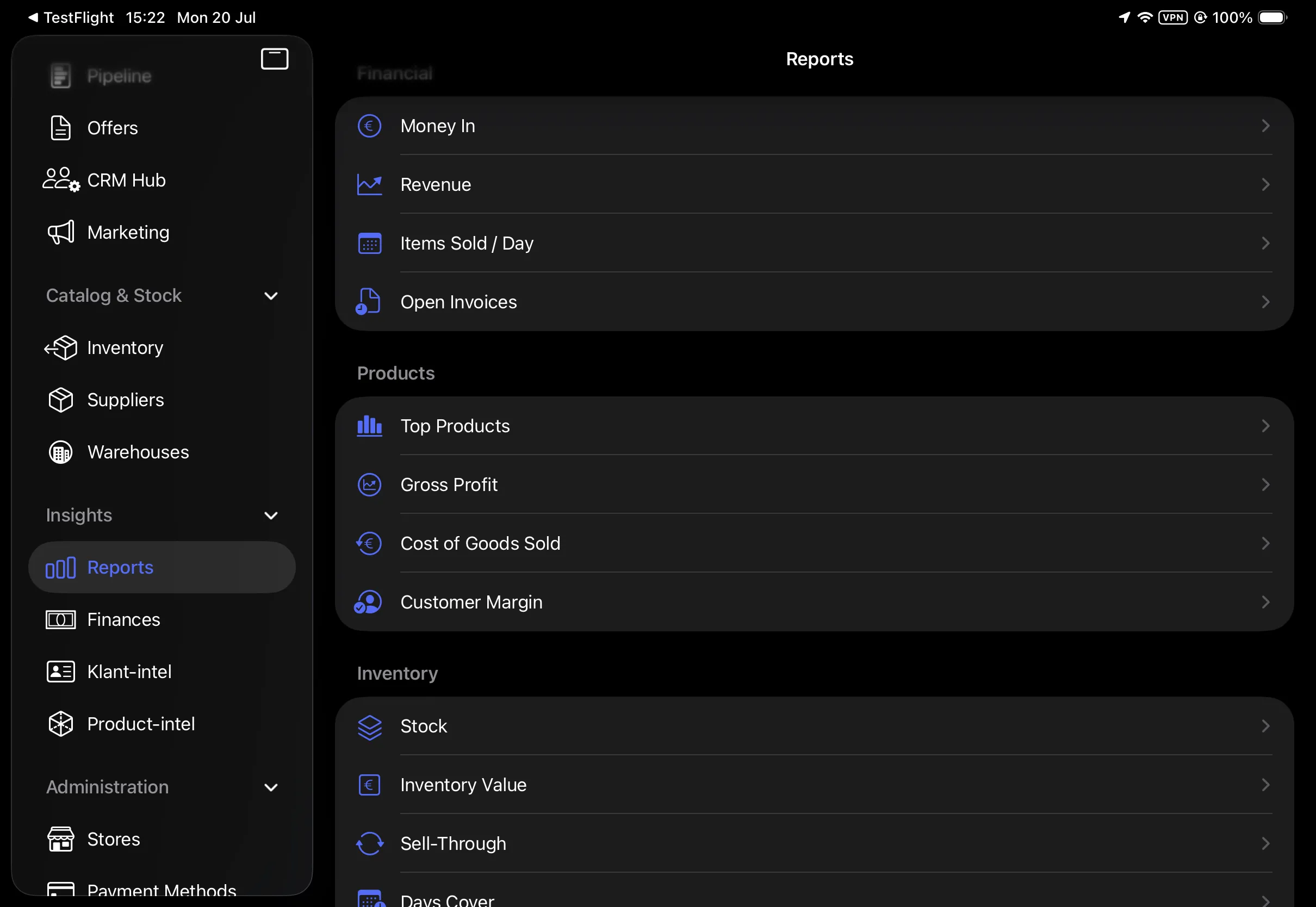 The report catalog grouped by financial, products and inventory.