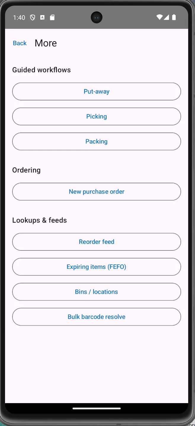 The More hub: guided workflows, ordering, and lookup feeds.