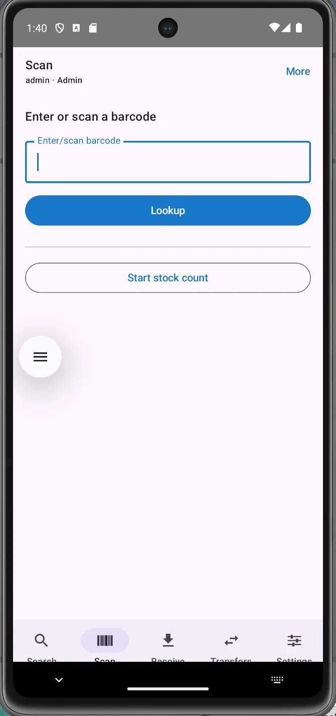 The Vf-Warehouse Scan tab on a handheld Android scanner.