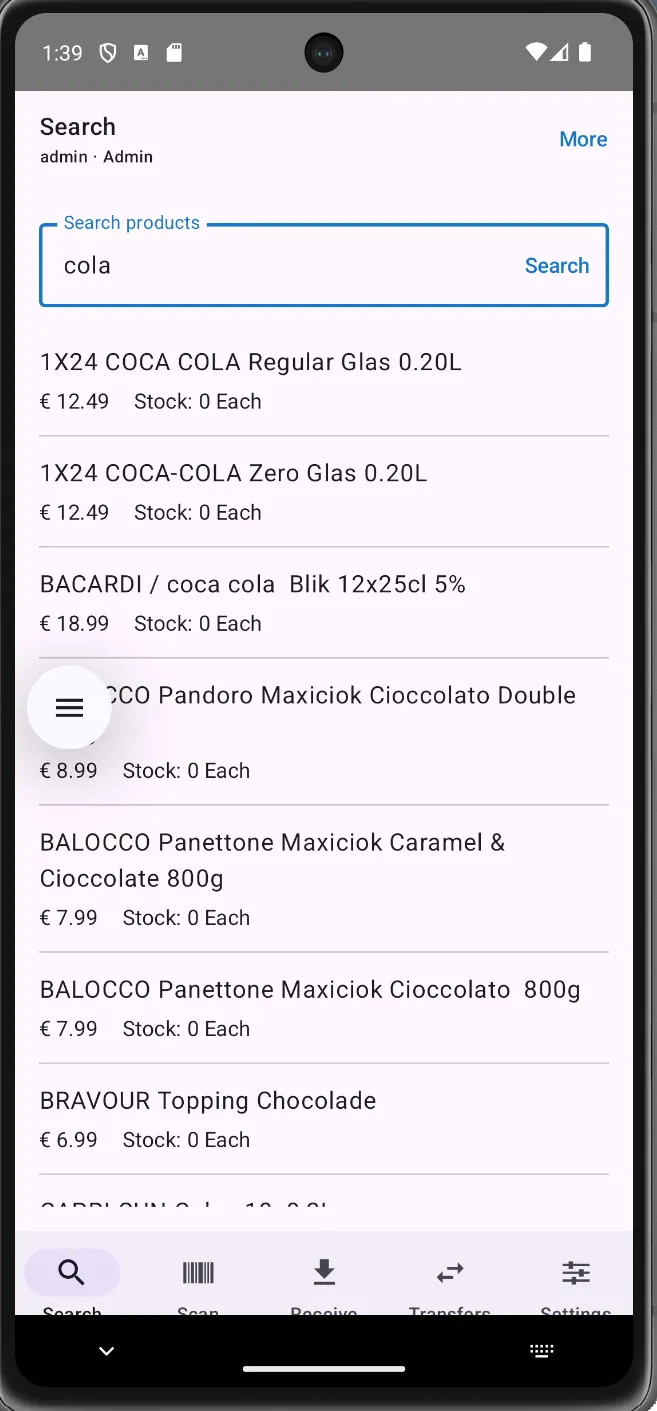 The Search tab with a live product list showing price and stock.
