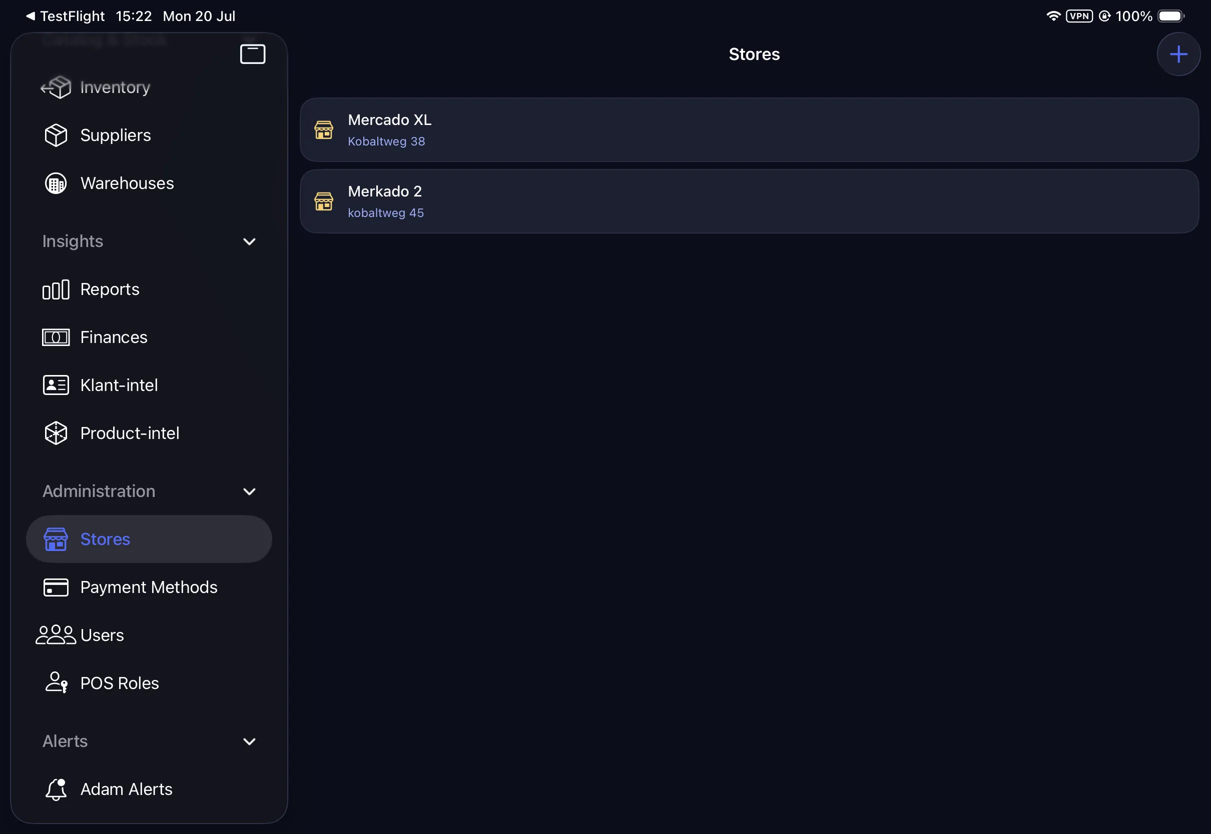 The stores administration screen with multiple locations.